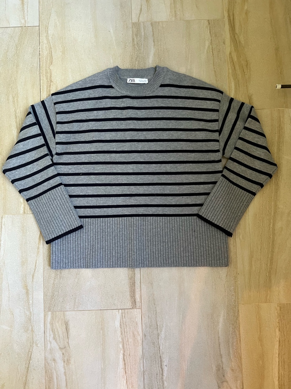 Zara Super Chunky Oversized Gray Crewneck Sweater with Black Stripes